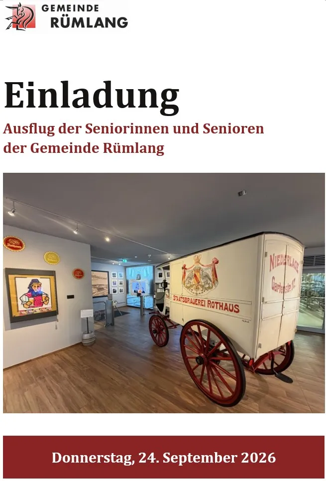2026-08-15, Ausflug 2026, Flyer, Seite 1 (Foto: Redaktion Webseite) 2026-08-15, Ausflug 2026, Flyer, Seite 1: Senior/-innen-Ausflug Rümlang (Foto: Redaktion Webseite)